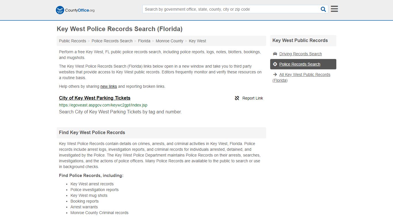 Key West Police Records Search (Florida) - County Office